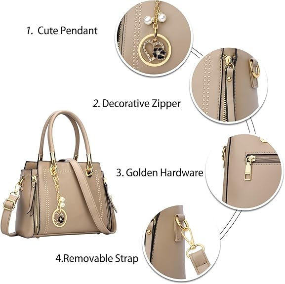 KKXIU Stylish Women Satchel Purses and Handbags Vegan Leather Top Handle Shoulder Crossbody Bag(Khaki) - Image 3