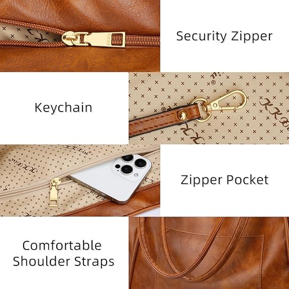 KKXIU Large Tote Bag for Women with Zipper Work Leather Travel Purse and Handbags(Brown) - Image 3