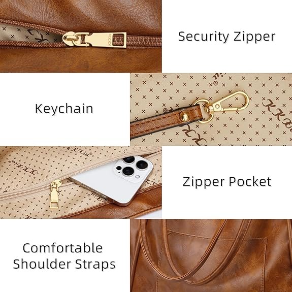 KKXIU Large Tote Bag for Women with Zipper Work Leather Travel Purse and Handbags(Dark Brown) - Image 3