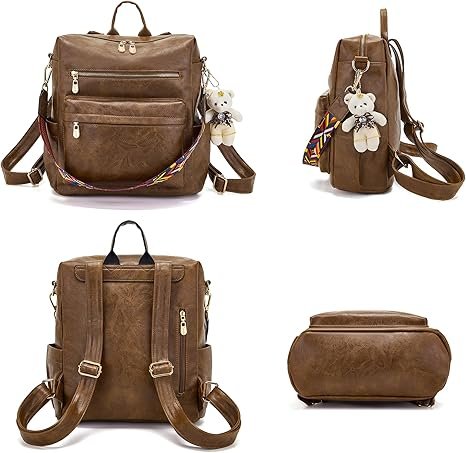 Women Backpack Purse Multipurpose Design Handbags Shoulder Bag PU Leather Travel bag Backpack Set 2pcs(Darkbrown) - Image 3