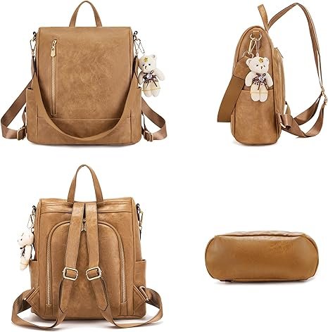 Women Fashion Backpack Purse Anti-Theft Leather Shoulder Bag Travel Multi Pockets Handbag Wallet Set 3pcs(Apricot) - Image 3