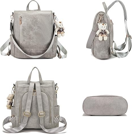 Women Fashion Backpack Purse Anti-Theft Leather Shoulder Bag Travel Multi Pockets Handbag Wallet Set 3pcs(Grey) - Image 3