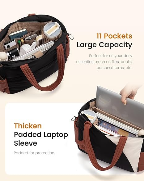 Tote Bag for Women, Puffer Work Bags with Zipper for Daily Travel College, Teacher Nurse Handbags with Laptop Sleeve(Beige-black-brown) - Image 3