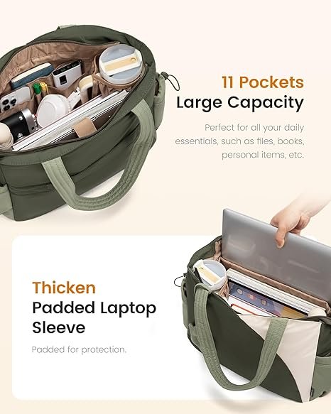 Tote Bag for Women, Puffer Work Bags with Zipper for Daily Travel College, Teacher Nurse Handbags with Laptop Sleeve(Green-beige) - Image 3