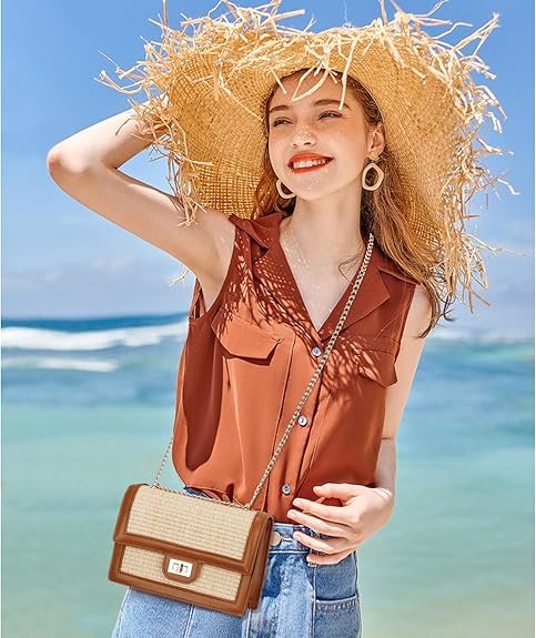KKXIU Women Straw Crossbody Bag Summer Shoulder Bag Beach Handbag Vegan Leather Purse(Brown) - Image 3