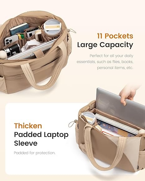 Tote Bag for Women, Puffer Work Bags with Zipper for Daily Travel College, Teacher Nurse Handbags with Laptop Sleeve(Khaki-beige) - Image 3