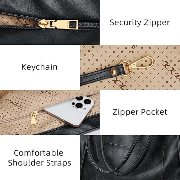 KKXIU Large Tote Bag for Women with Zipper Work Leather Travel Purse and Handbags(Black) - Image 4