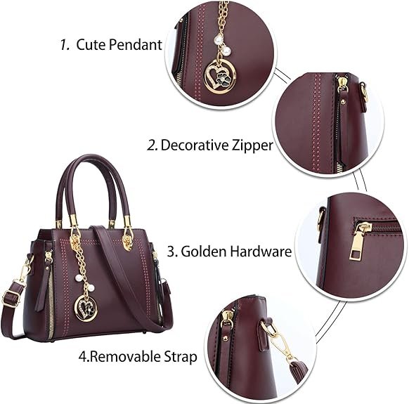 KKXIU Stylish Women Satchel Purses and Handbags Vegan Leather Top Handle Shoulder Crossbody Bag(Burgundy) - Image 4