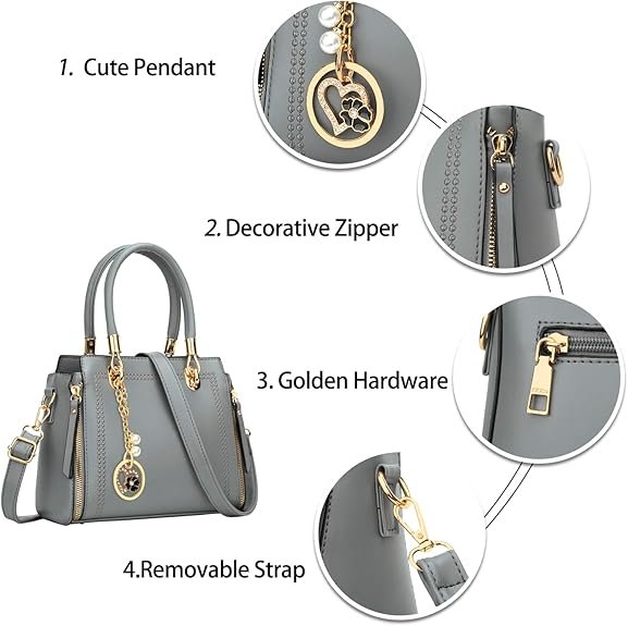 KKXIU Stylish Women Satchel Purses and Handbags Vegan Leather Top Handle Shoulder Crossbody Bag(Grey) - Image 4