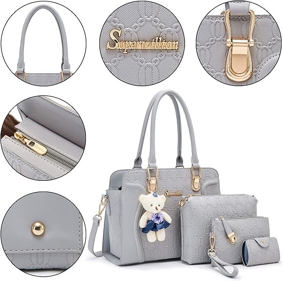 Women's Fashion Handbags Tote Bags Shoulder Bag Top Handle Satchel Purse Set 4pcs(B-grey) - Image 4