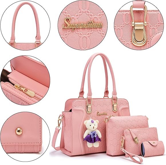 Women's Fashion Handbags Tote Bags Shoulder Bag Top Handle Satchel Purse Set 4pcs(B-pink) - Image 4