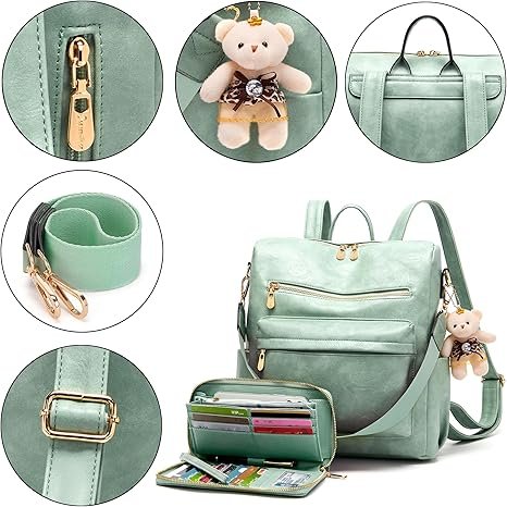 Women Backpack Purse Multipurpose Design Handbags Shoulder Bag PU Leather Travel bag Backpack Set 2pcs(Iceblue) - Image 4