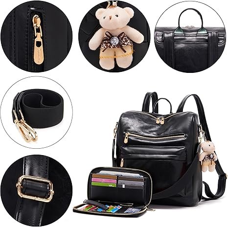 Women Backpack Purse Multipurpose Design Handbags Shoulder Bag PU Leather Travel bag Backpack Set 2pcs(Black) - Image 4