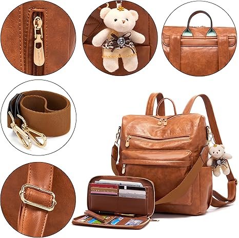 Women Backpack Purse Multipurpose Design Handbags Shoulder Bag PU Leather Travel bag Backpack Set 2pcs(Brown) - Image 4