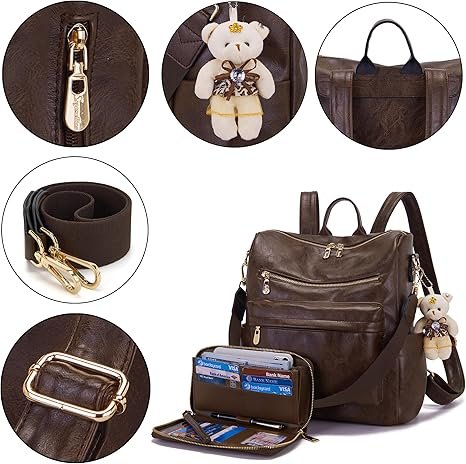Women Backpack Purse Multipurpose Design Handbags Shoulder Bag PU Leather Travel bag Backpack Set 2pcs(Darkcamel) - Image 4