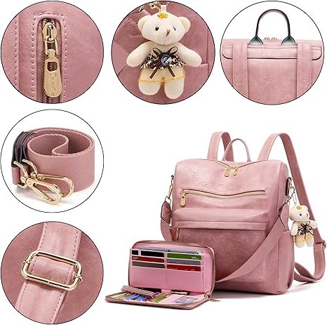 Women Backpack Purse Multipurpose Design Handbags Shoulder Bag PU Leather Travel bag Backpack Set 2pcs(Pink) - Image 4