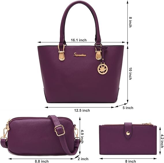 Women Handbags Wallet Tote Bag Shoulder Bag Top Handle Satchel 3pcs Purse Set(Purple) - Image 4