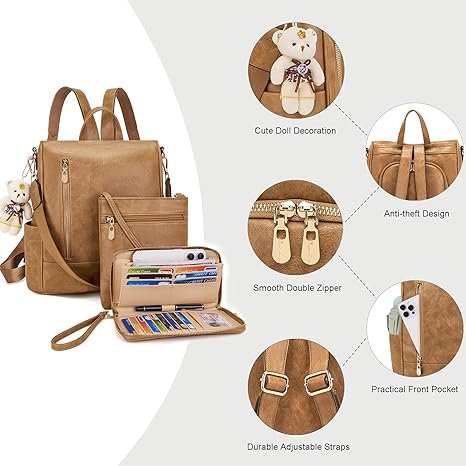 Women Fashion Backpack Purse Anti-Theft Leather Shoulder Bag Travel Multi Pockets Handbag Wallet Set 3pcs(Apricot) - Image 4