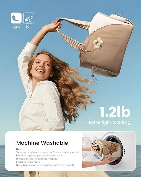 Tote Bag for Women, Puffer Work Bags with Zipper for Daily Travel College, Teacher Nurse Handbags with Laptop Sleeve(Khaki-beige) - Image 4