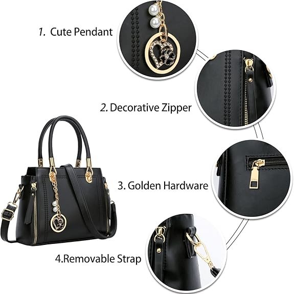 KKXIU Stylish Women Satchel Purses and Handbags Vegan Leather Top Handle Shoulder Crossbody Bag(Black) - Image 4