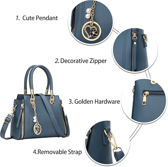 KKXIU Stylish Women Satchel Purses and Handbags Vegan Leather Top Handle Shoulder Crossbody Bag(Navy Blue) - Image 5