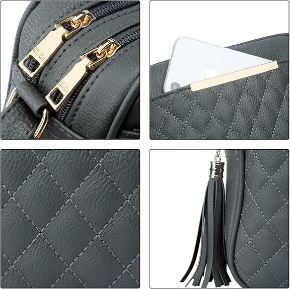 KKXIU Quilted Double Compartment Multiple Pocket Crossbody Bag for Women and Teen Girls Stylish Shoulder Purse with Tassel(  Z-grey) - Image 5