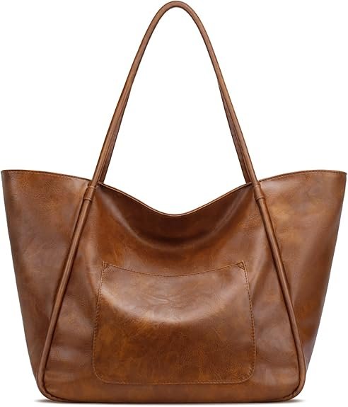 KKXIU Large Tote Bag for Women with Zipper Work Leather Travel Purse and Handbags(Dark Brown) - Image 5