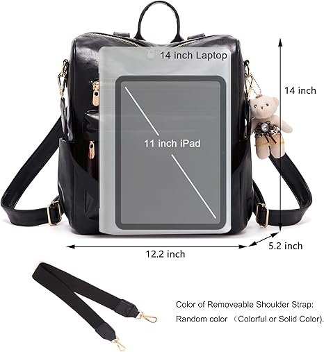 Women Backpack Purse Multipurpose Design Handbags Shoulder Bag PU Leather Travel bag Backpack Set 2pcs(Black) - Image 5