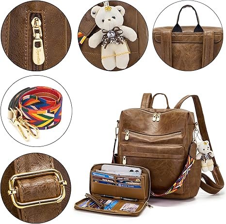 Women Backpack Purse Multipurpose Design Handbags Shoulder Bag PU Leather Travel bag Backpack Set 2pcs(Darkbrown) - Image 5