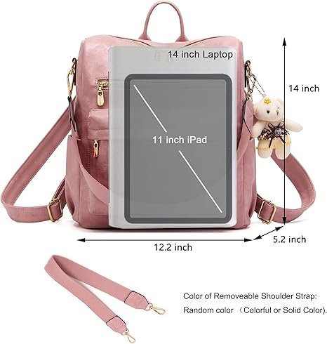 Women Backpack Purse Multipurpose Design Handbags Shoulder Bag PU Leather Travel bag Backpack Set 2pcs(Pink) - Image 5
