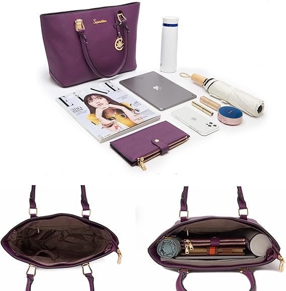 Women Handbags Wallet Tote Bag Shoulder Bag Top Handle Satchel 3pcs Purse Set(Purple) - Image 5