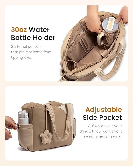 Tote Bag for Women, Puffer Work Bags with Zipper for Daily Travel College, Teacher Nurse Handbags with Laptop Sleeve(Khaki-beige) - Image 5