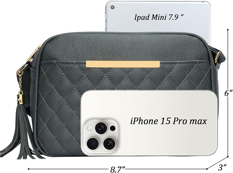 KKXIU Quilted Double Compartment Multiple Pocket Crossbody Bag for Women and Teen Girls Stylish Shoulder Purse with Tassel(  Z-grey) - Image 6