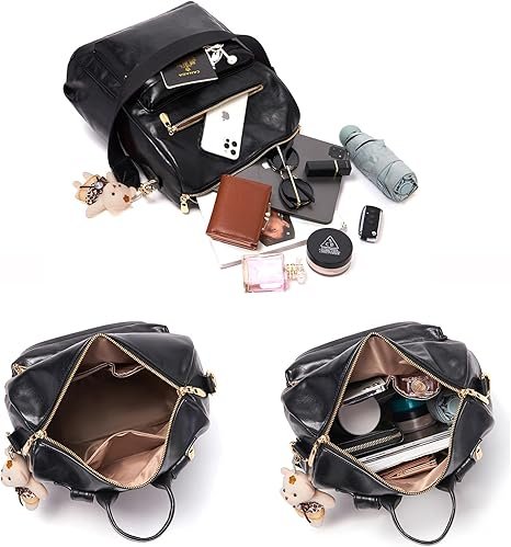 Women Backpack Purse Multipurpose Design Handbags Shoulder Bag PU Leather Travel bag Backpack Set 2pcs(Black) - Image 6