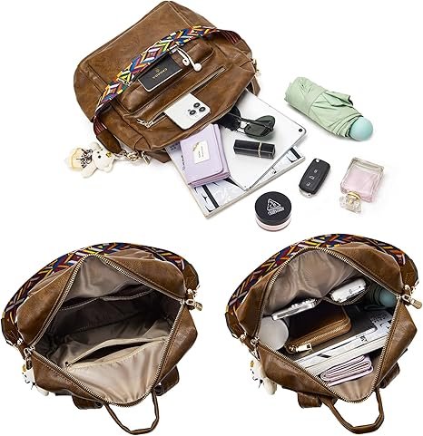 Women Backpack Purse Multipurpose Design Handbags Shoulder Bag PU Leather Travel bag Backpack Set 2pcs(Darkbrown) - Image 6