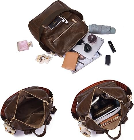 Women Backpack Purse Multipurpose Design Handbags Shoulder Bag PU Leather Travel bag Backpack Set 2pcs(Darkcamel) - Image 6