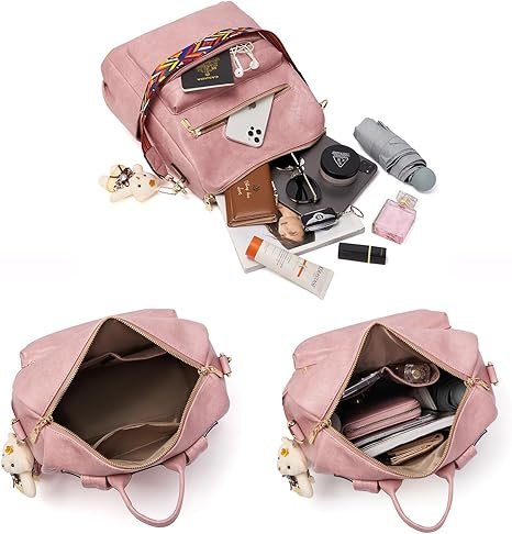 Women Backpack Purse Multipurpose Design Handbags Shoulder Bag PU Leather Travel bag Backpack Set 2pcs(Pink) - Image 6