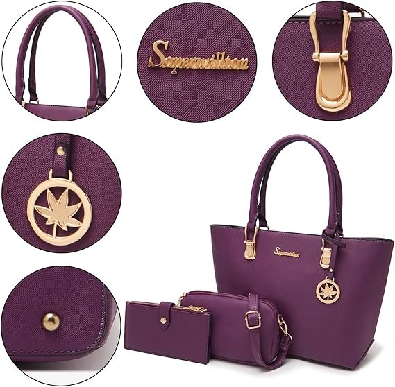 Women Handbags Wallet Tote Bag Shoulder Bag Top Handle Satchel 3pcs Purse Set(Purple) - Image 6