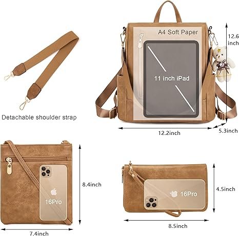 Women Fashion Backpack Purse Anti-Theft Leather Shoulder Bag Travel Multi Pockets Handbag Wallet Set 3pcs(Apricot) - Image 6