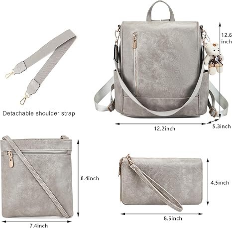 Women Fashion Backpack Purse Anti-Theft Leather Shoulder Bag Travel Multi Pockets Handbag Wallet Set 3pcs(Grey) - Image 6
