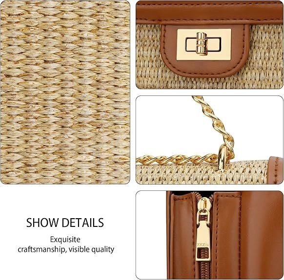 KKXIU Women Straw Crossbody Bag Summer Shoulder Bag Beach Handbag Vegan Leather Purse(Brown) - Image 6