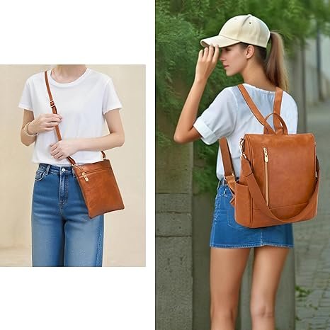 Women Fashion Backpack Purse Anti-Theft Leather Shoulder Bag Travel Multi Pockets Handbag Wallet Set 3pcs(Apricot) - Image 7