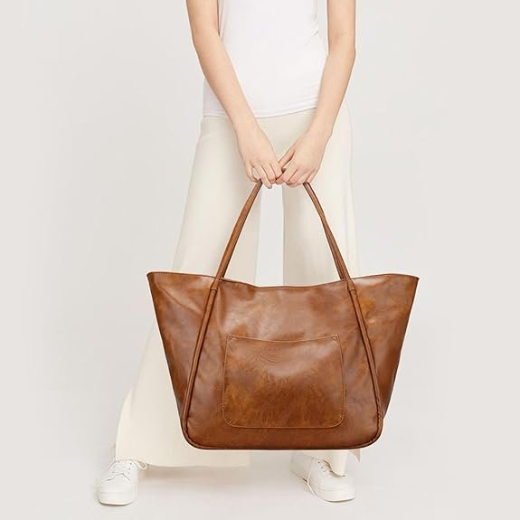 KKXIU Large Tote Bag for Women with Zipper Work Leather Travel Purse and Handbags(Dark Brown) - Image 7