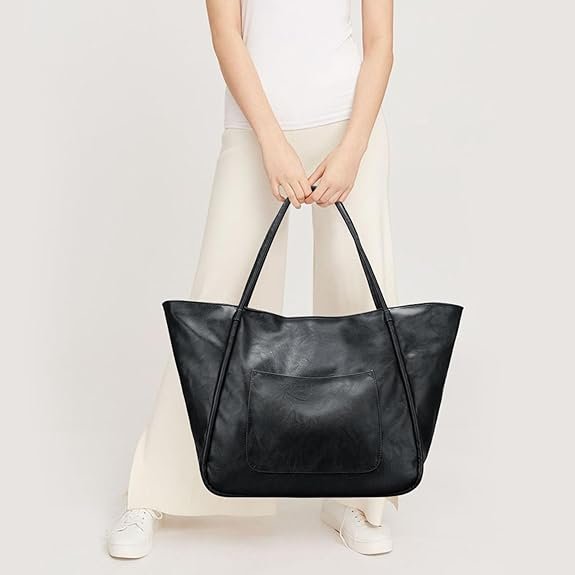 KKXIU Large Tote Bag for Women with Zipper Work Leather Travel Purse and Handbags(Black) - Image 7